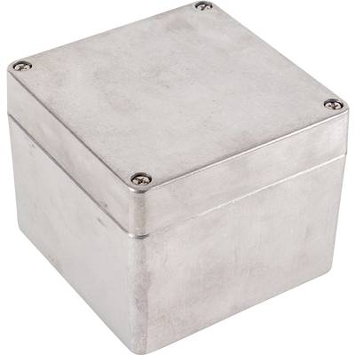 Boîtier métallique cubique, fermé, fixé par des vis aux angles.