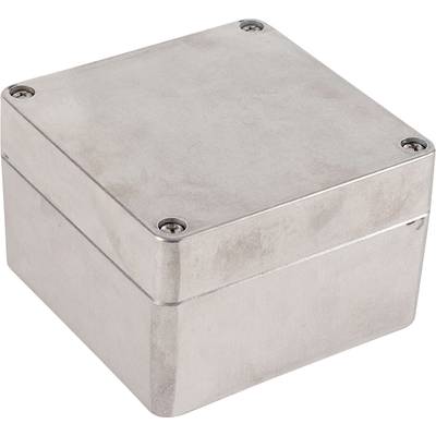 Un boîtier métallique rectangulaire avec quatre vis visibles aux coins ; utilisé pour loger des composants électroniques.