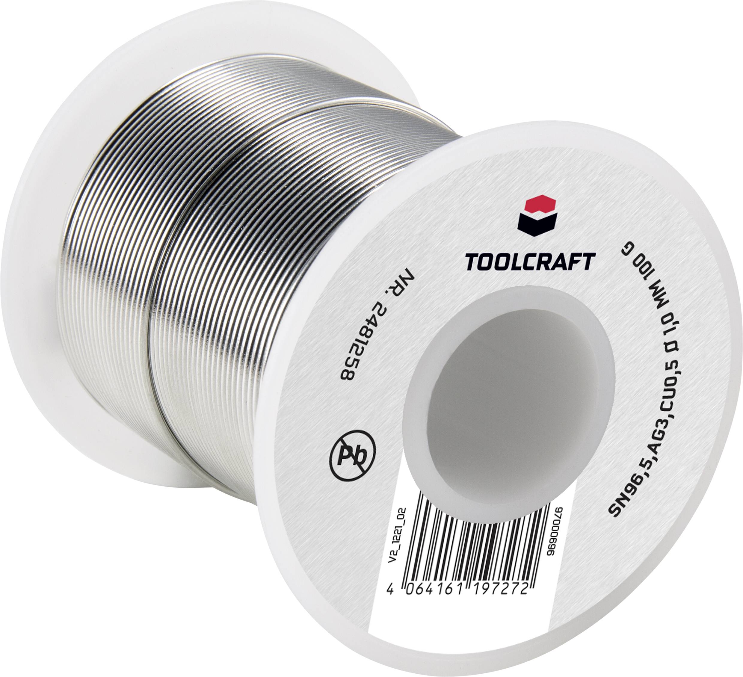Rouleau de soudure argenté de la marque Toolcraft, destiné aux travaux électroniques, avec des informations spécifiques du produit sur l'étiquette.