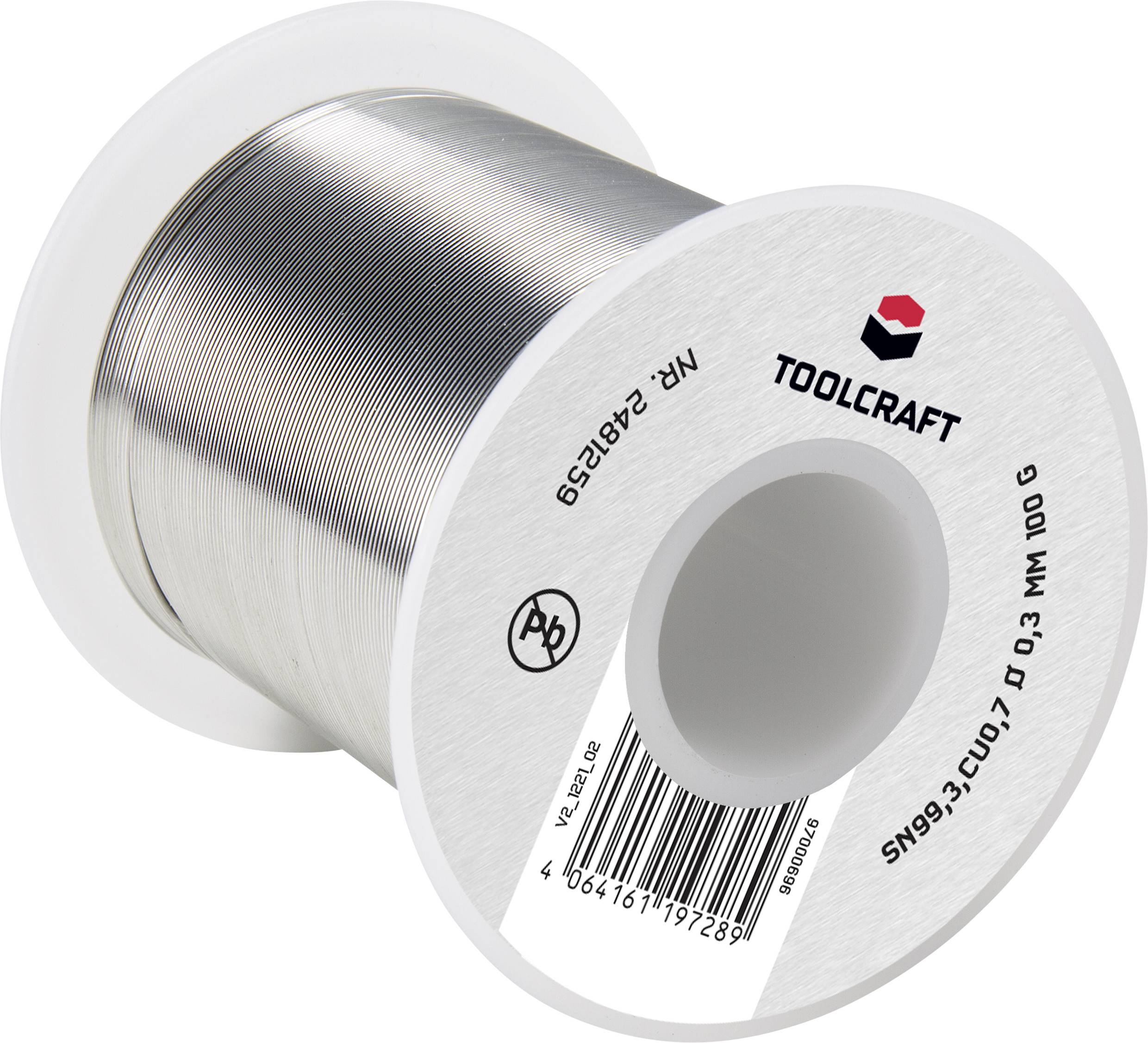 Bobine de fil de soudure en étain argenté, marque 'Toolcraft', diamètre de fil 0,3 mm, adaptée aux travaux électroniques.