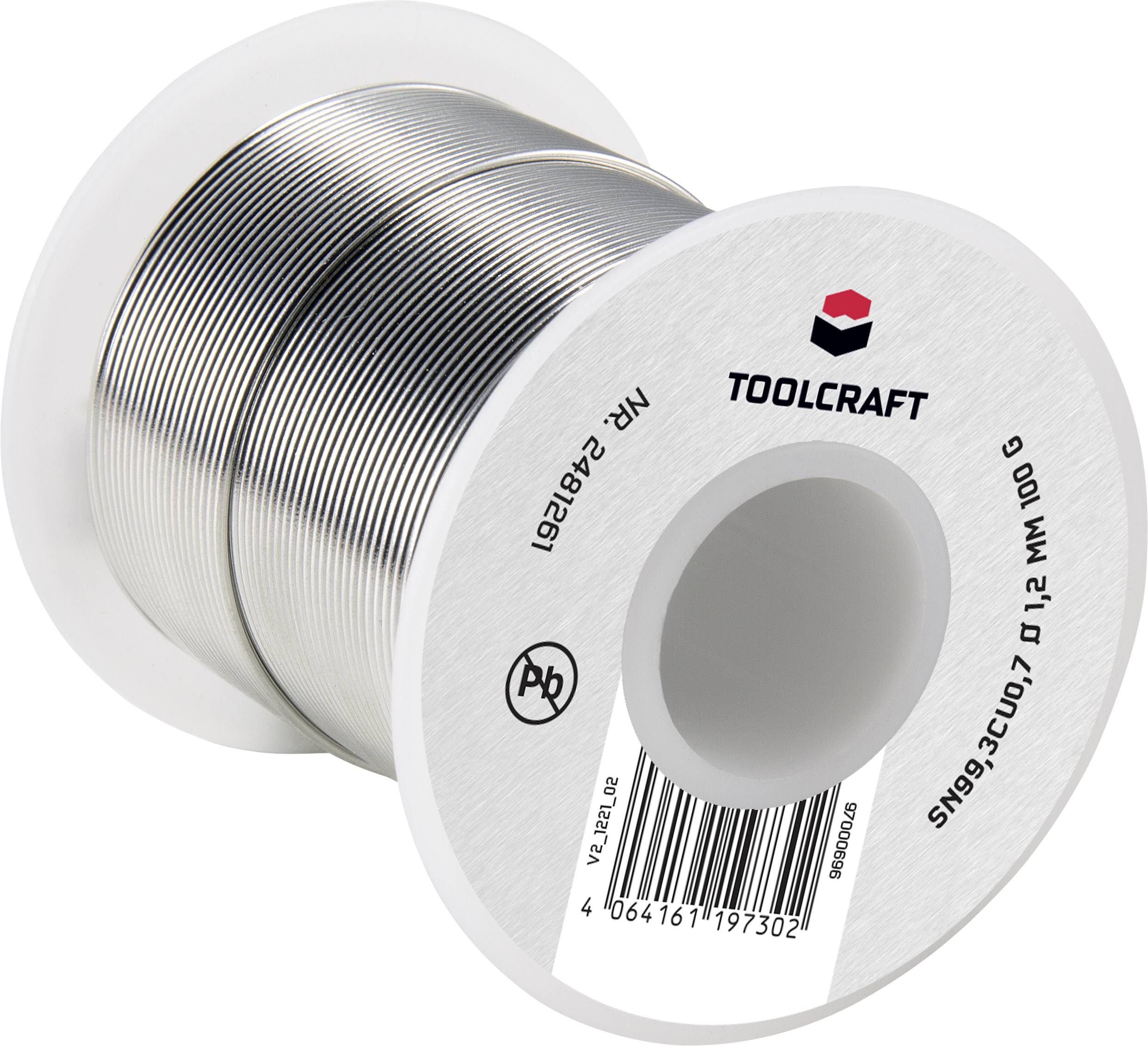 Un rouleau de soudure de la marque Toolcraft, sur bobine en plastique blanc, fil argenté, avec impression des informations produit, adapté au soudage.