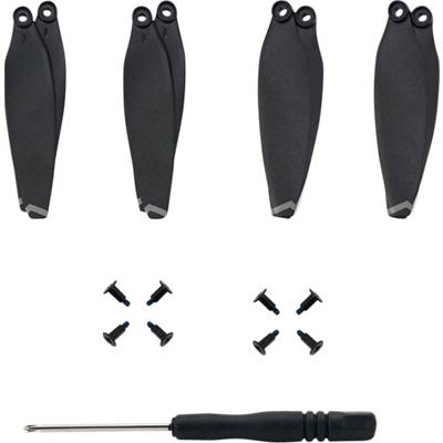 Quatre pales d'hélice noires, six vis et un petit tournevis, conçus comme un kit d'accessoires pour un drone.