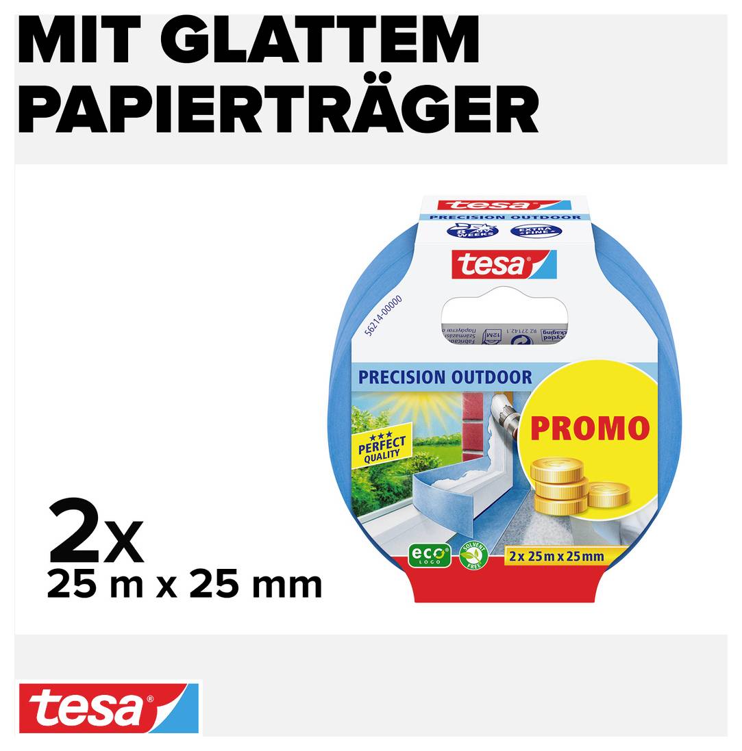 Deux rouleaux de ruban adhésif de précision Tesa, 25 m x 25 mm, pour extérieur, sur présentoir publicitaire avec support en papier lisse.