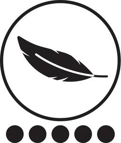 Un symbole noir de plume à l'intérieur d'un cercle, avec cinq points noirs alignés en dessous.