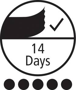 Symbole d'un récipient ouvert avec une coche et l'inscription '14 Days', indiquant une durée de conservation de 14 jours après ouverture.