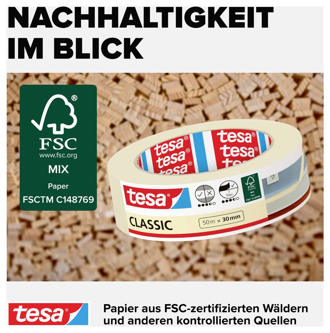 « La durabilité en point de mire » : L'image montre deux rouleaux de ruban adhésif de la marque tesa devant un fond en bois. Logo FSC et indication sur l'origine durable.