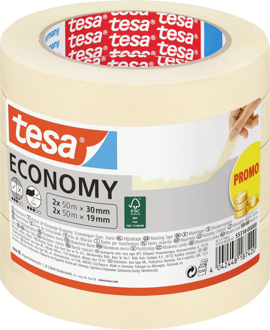 Rouleau de ruban de masquage Tesa Economy, 2 rouleaux : 50m x 30mm et 50m x 19mm. Étiquette promotionnelle avec pièces de monnaie, certifié FSC, code-barres visible.