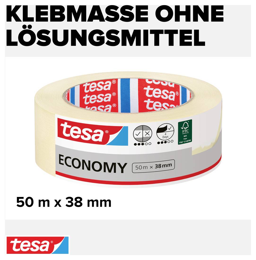 Ruban adhésif Tesa 'Economy', 50 m x 38 mm, sans solvant. Image du produit d'un ruban adhésif beige dans un emballage avec le logo Tesa.