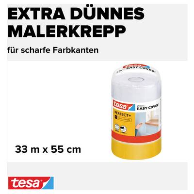 'RUBAN DE MASQUAGE EXTRA FIN pour des bords de couleur nets' est inscrit sur un emballage de tesa EASY COVER. Taille : 33 m x 55 cm.