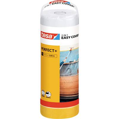 Emballage de Tesa 2 en 1 Easy Cover Perfect+ XL, montrant son utilisation pour recouvrir des meubles pendant la peinture. Taille de 17 m x 2,6 m indiquée.