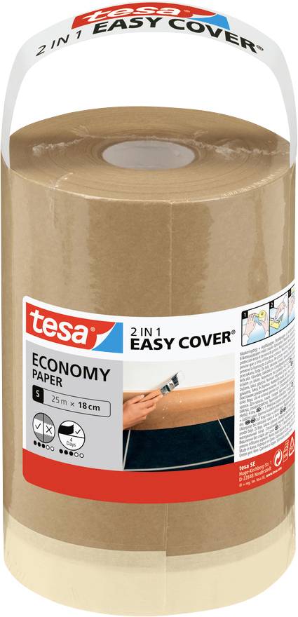 Un rouleau de papier 'tesa 2 en 1 Easy Cover' Économique, taille Small, 25m x 18cm, présenté dans un emballage avec des instructions d'utilisation étiquetées.
