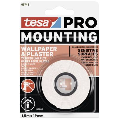 Ruban adhésif double face de Tesa, 1,5 m x 19 mm, adapté aux papiers peints et au plâtre, pour une fixation sur des surfaces délicates.