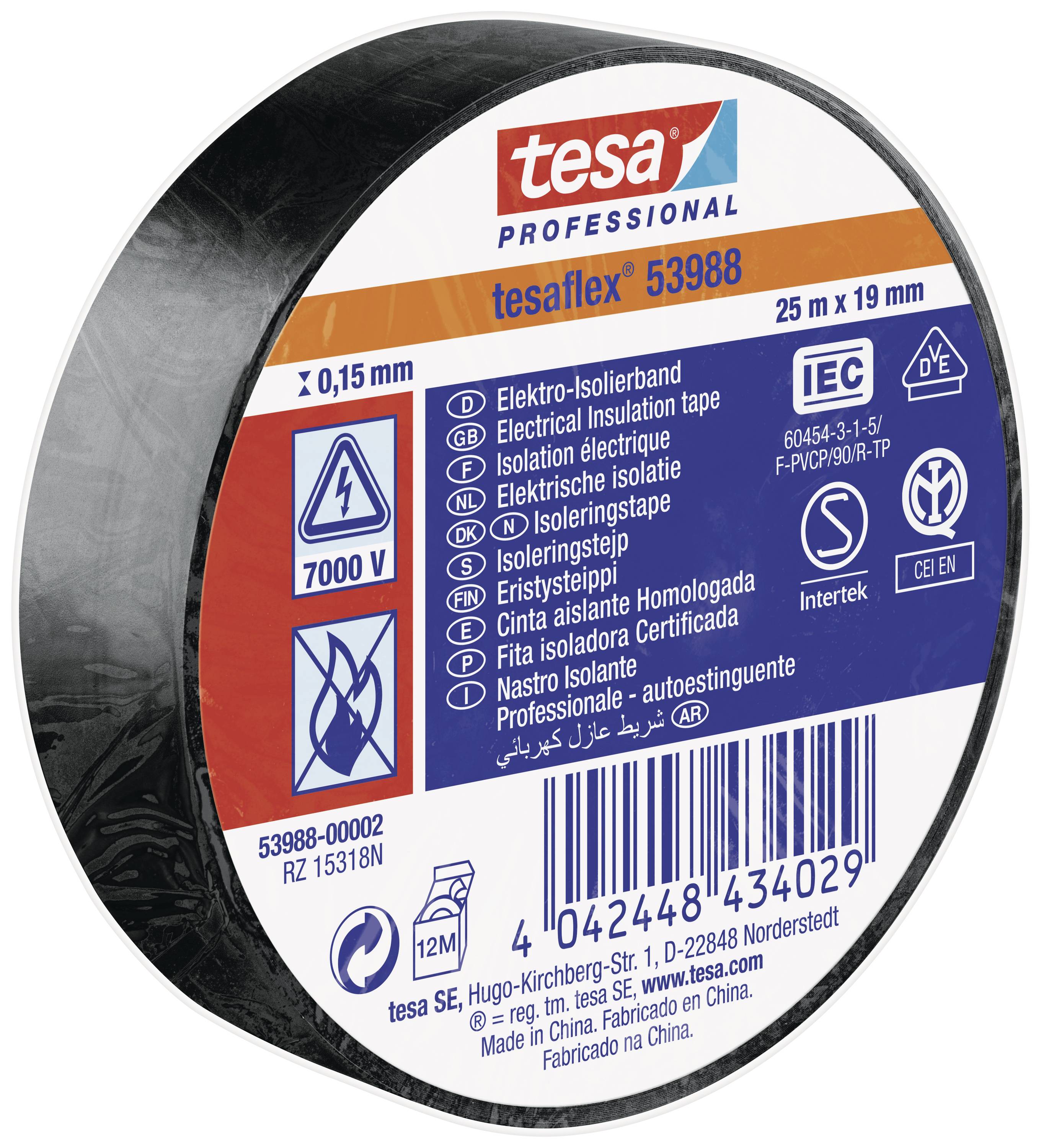 Rouleau de ruban isolant tesa flexible, 25 m x 19 mm. Adapté pour l'isolation électrique, avec marque de certification. Tolérance de tension de 7000 V.
