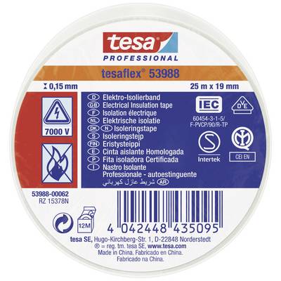 L'image montre un rouleau de ruban isolant électrique de la marque 'tesa', modèle 53988. Spécifications : 0,15 mm d'épaisseur, 25 m de long, isolation 7000 V. Adapté pour les applications électriques.