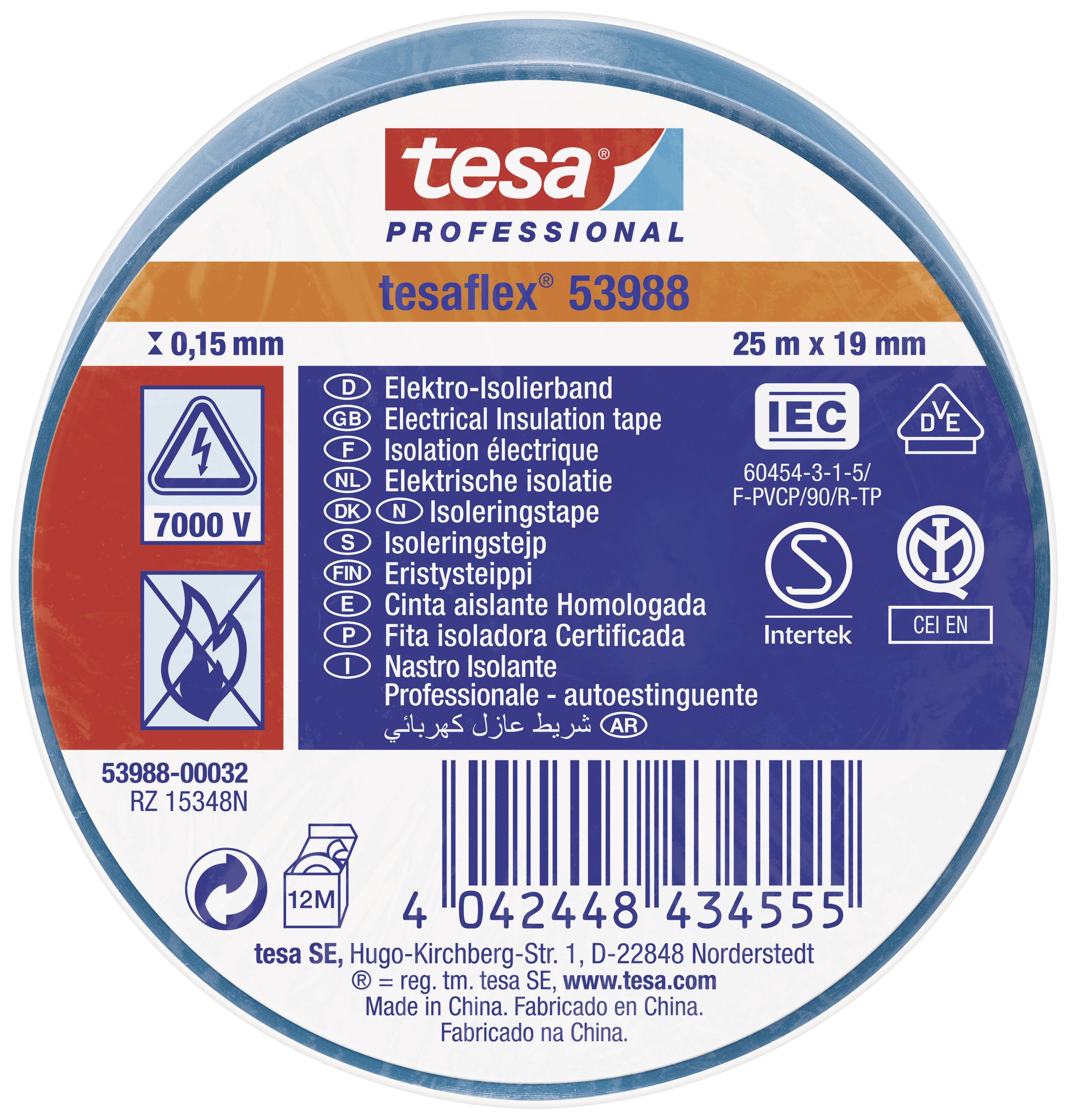 Emballage rond des rubans isolants électriques tesa Professional avec détails du produit, spécifications et informations de sécurité sur l'étiquette.