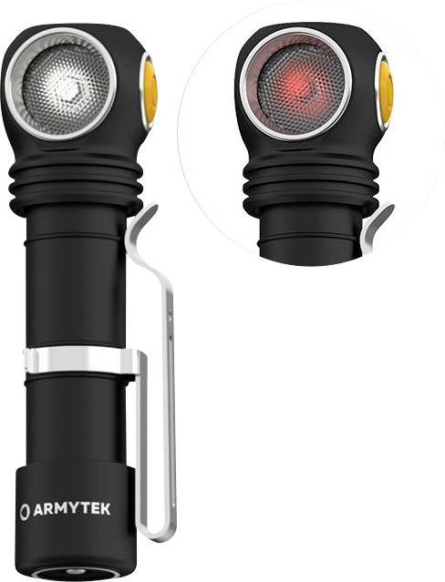 Une lampe de poche noire et compacte avec clip, dotée de deux modes d'éclairage : Blanc et Rouge. Elle dispose d'un interrupteur latéral et la marque est 'ARMYTEK'.