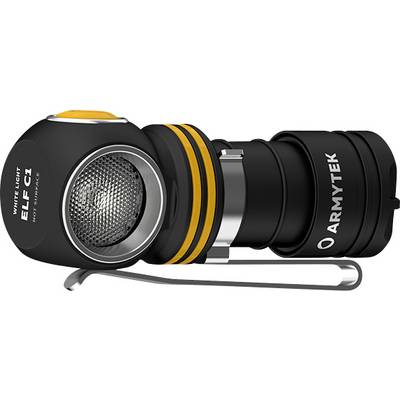 Lampe frontale compacte noire avec des touches jaunes et un clip métallique, l'interrupteur est placé sur le côté. Marquage 'ARMYTEK' et 'ELF C1'.