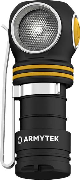Lampe frontale noire avec bande jaune, clip argenté et logo de marque blanc. Tête de lampe inclinée, design robuste pour l'extérieur.