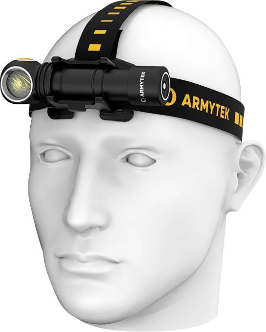 Un mannequin de tête portant un bandeau frontal noir avec un éclairage LED circulaire sur le côté. Le bandeau frontal est marqué 'Armytek'.