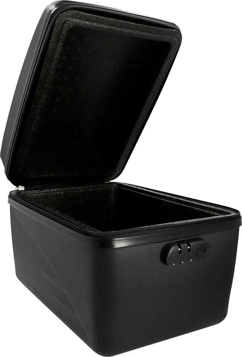 Coffre-fort noir avec couvercle ouvert, montrant son intérieur. Adapté pour le rangement sécurisé d'objets de valeur ou de documents.