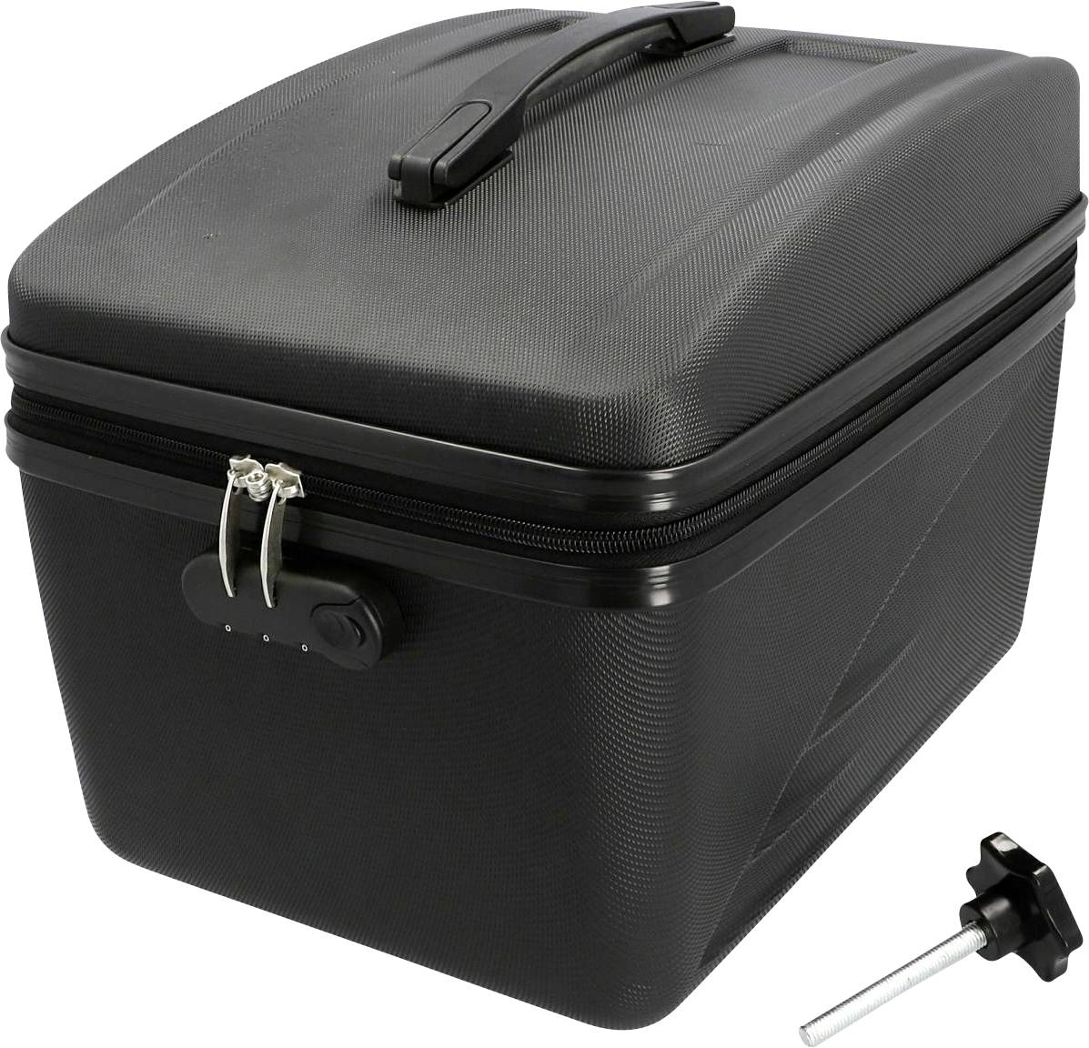 Boîte en plastique noir avec fermeture et poignée. À côté, un mécanisme de levier amovible. Adaptée au stockage ou au transport.