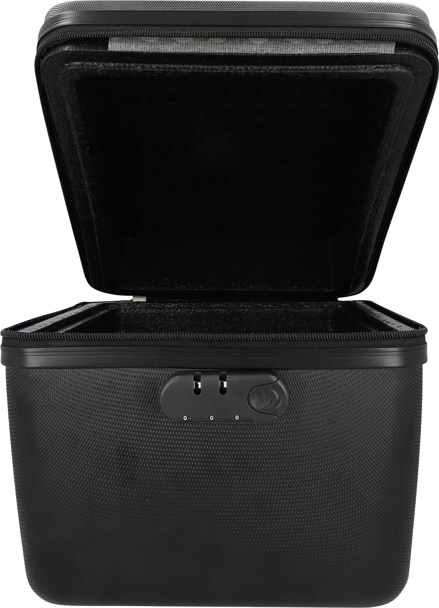 Coffre-fort noir ouvert avec serrure à combinaison, adapté pour le rangement sécurisé d'objets de valeur et de documents.