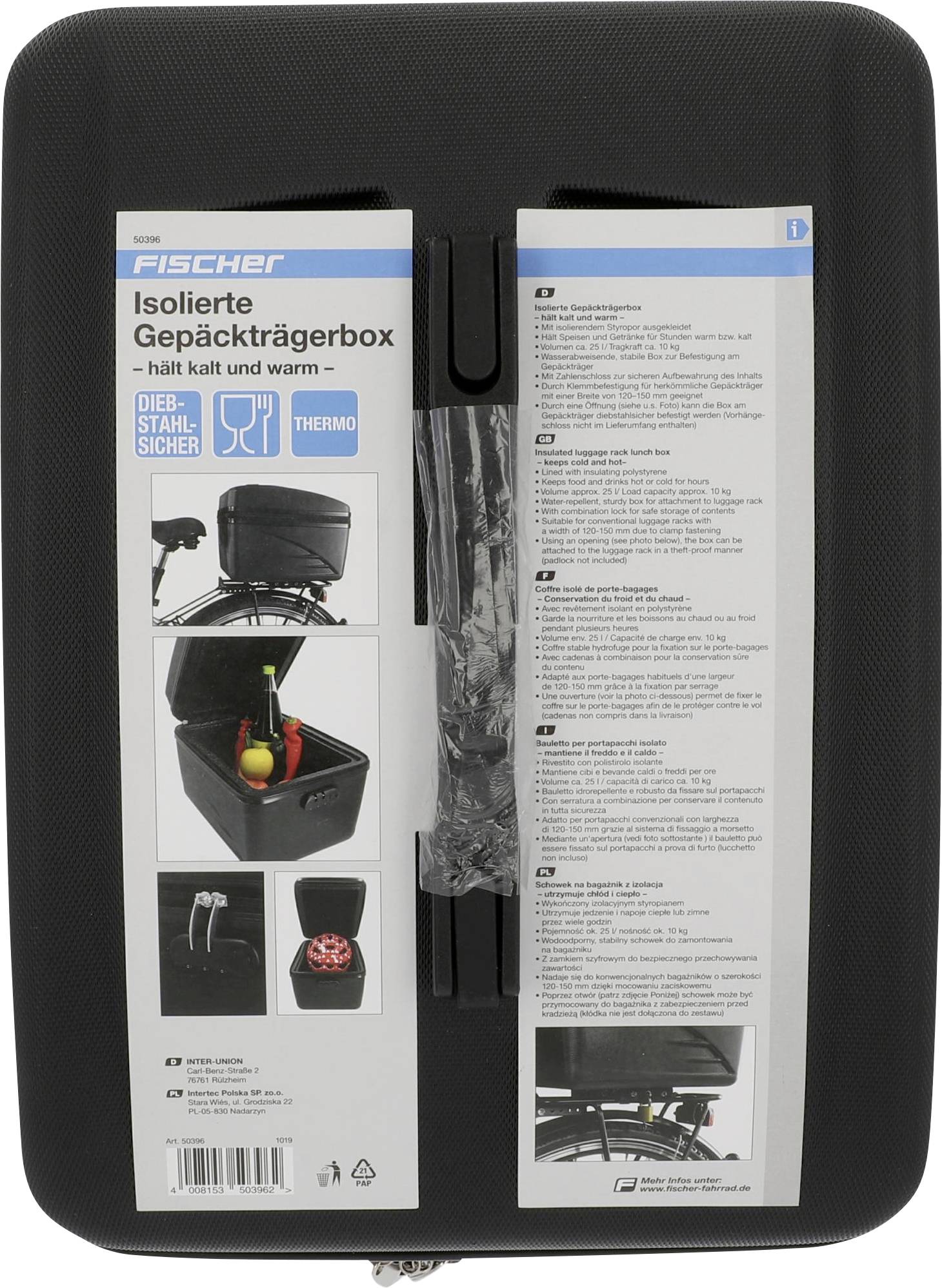 Boîte de porte-bagages pour vélo avec isolation. Montre une boîte ouverte avec des bouteilles et un symbole de cristaux de glace. Texte en anglais et en allemand.