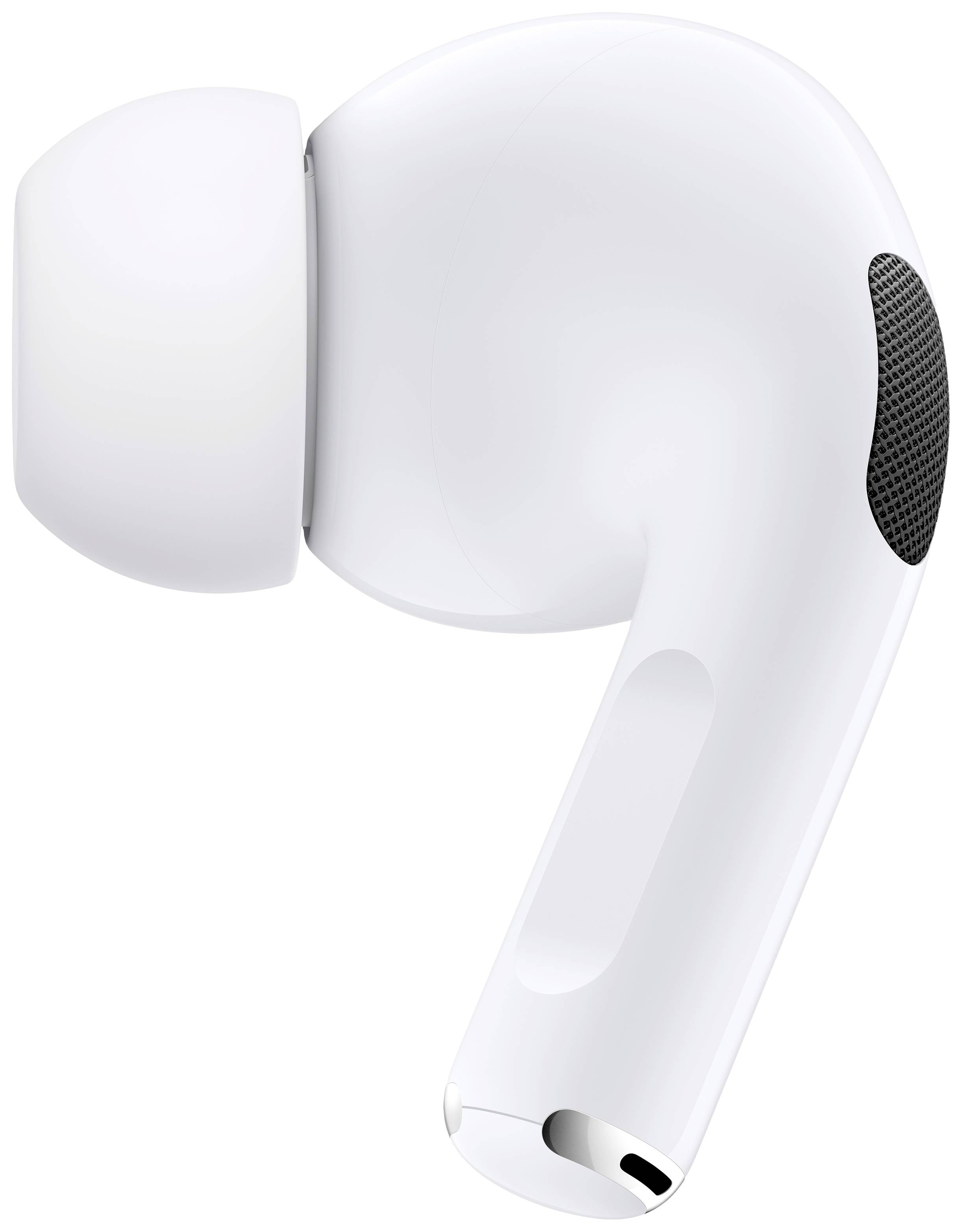 Un écouteur blanc sans fil, avec un embout en silicone ovale et un haut-parleur en grille noir à l'arrière, vu de côté.