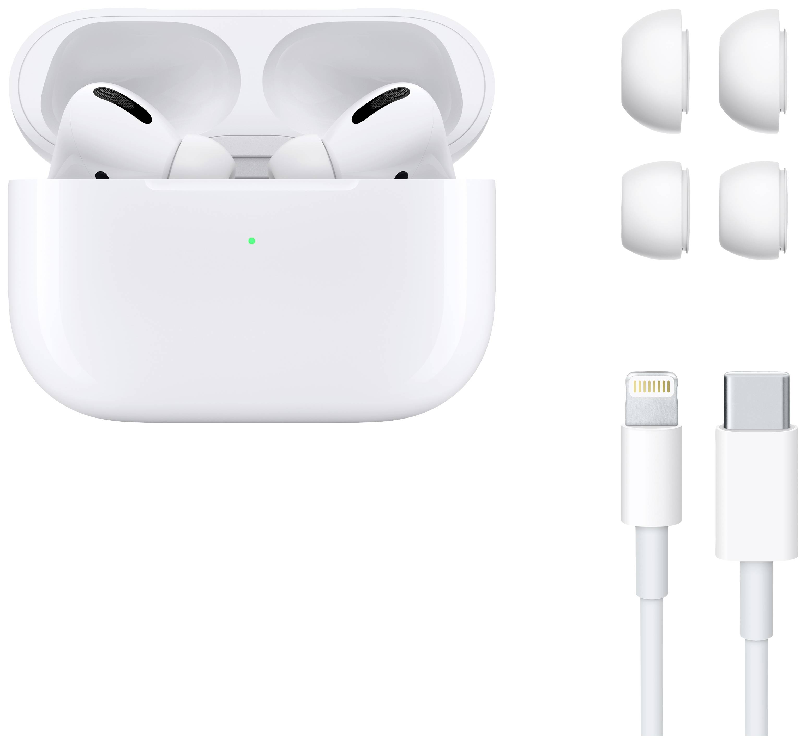 Écouteurs sans fil intra-auriculaires dans un boîtier de charge blanc, comprenant des embouts d'oreille de différentes tailles et un câble USB-C vers Lightning.