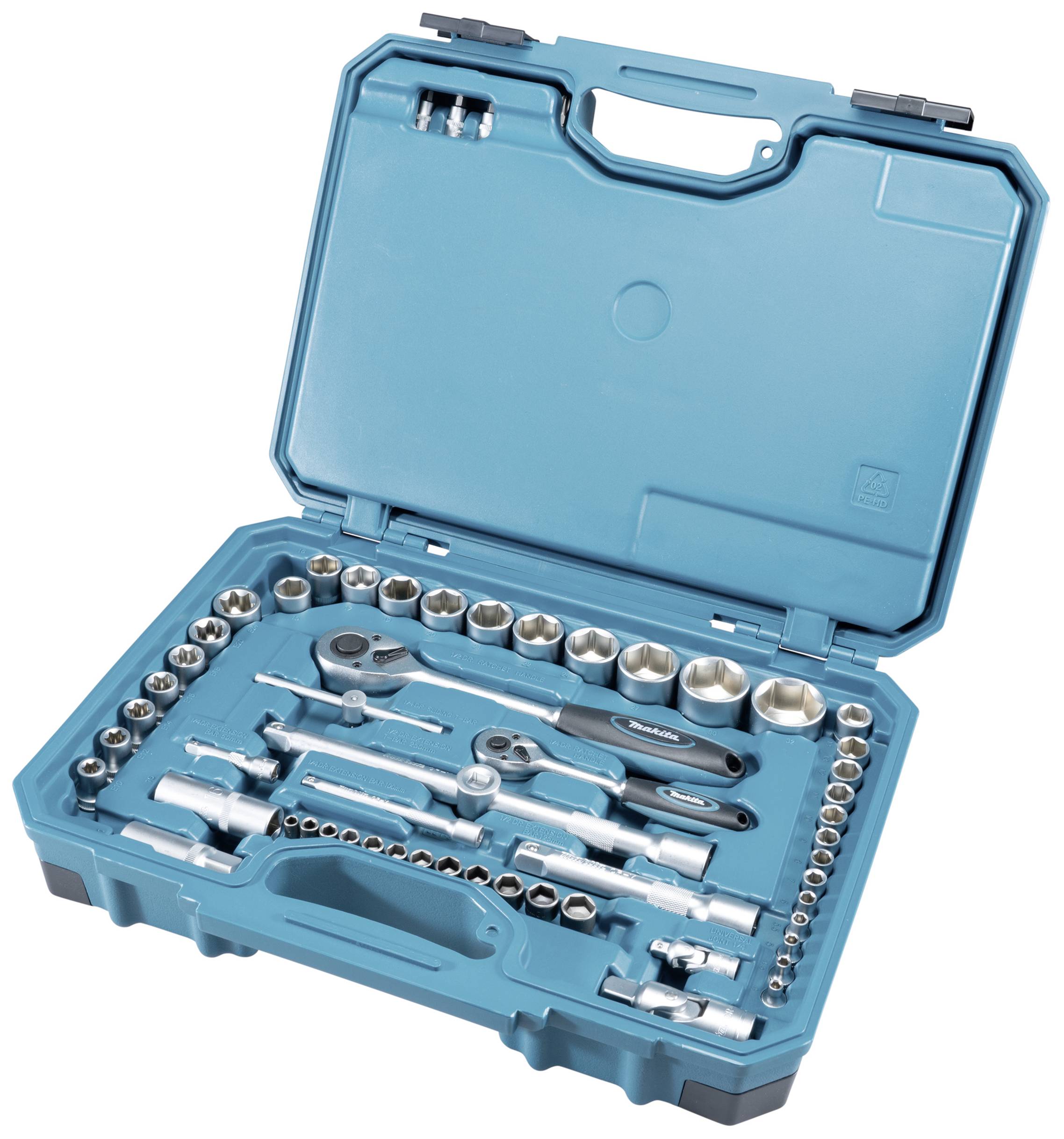 Une mallette à outils ouverte contenant différentes clés à douille, des cliquet et des rallonges. La mallette est en plastique et de couleur turquoise.