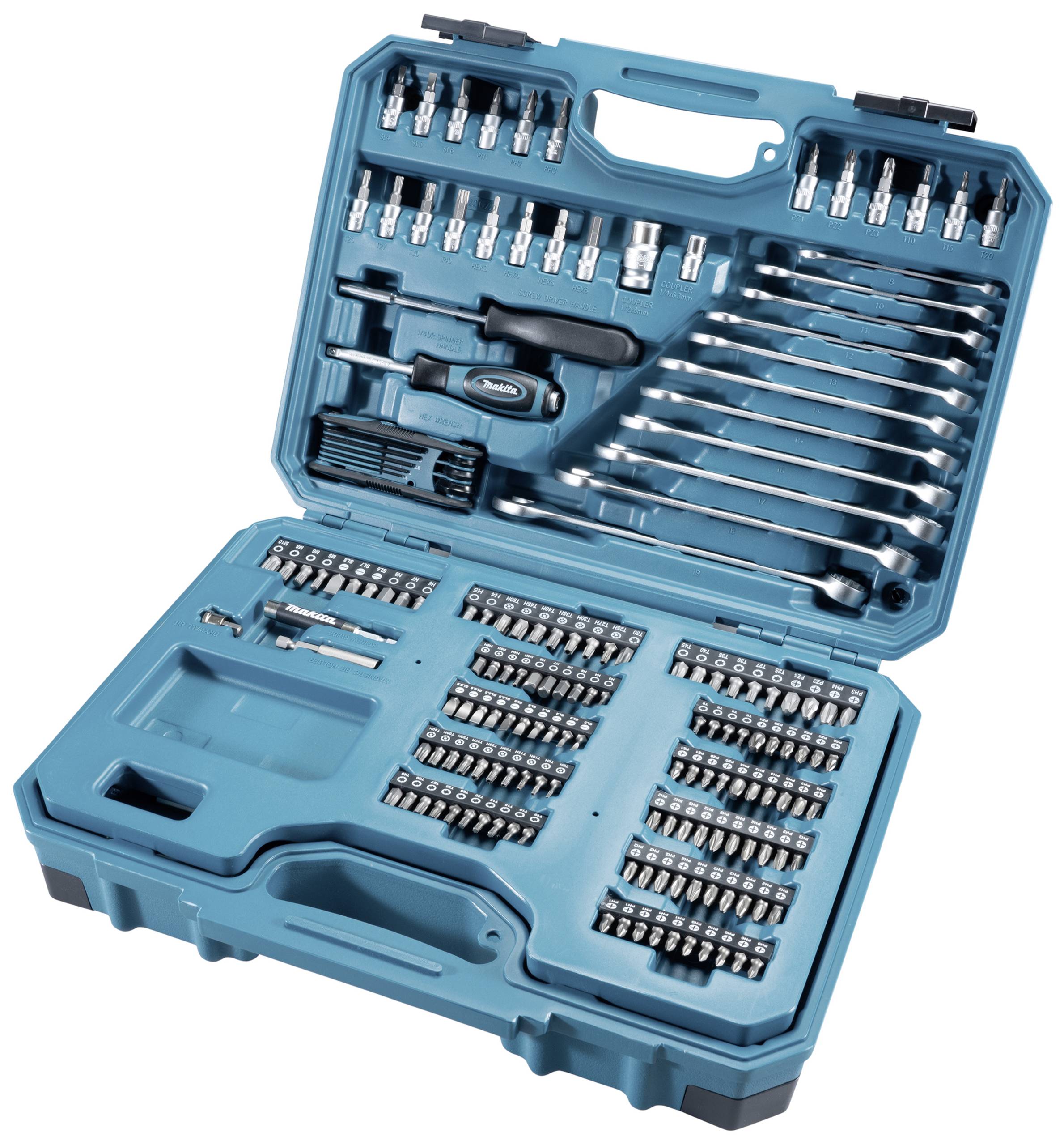 Une boîte à outils ouverte avec différentes clés, douilles, embouts et un tournevis rangés dans des compartiments bien organisés.