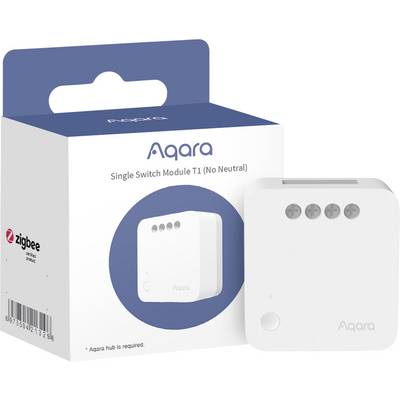 Un emballage contenant un module de commutation Aqara Single Switch Module T1 (sans nécessité de fil neutre) avec une image du produit.
