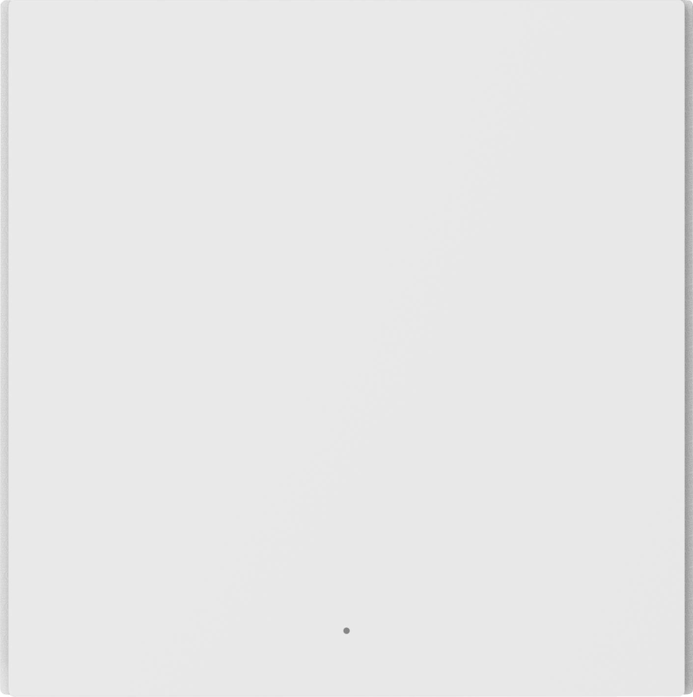 Un objet minimaliste, blanc, carré avec un petit point sombre au centre.