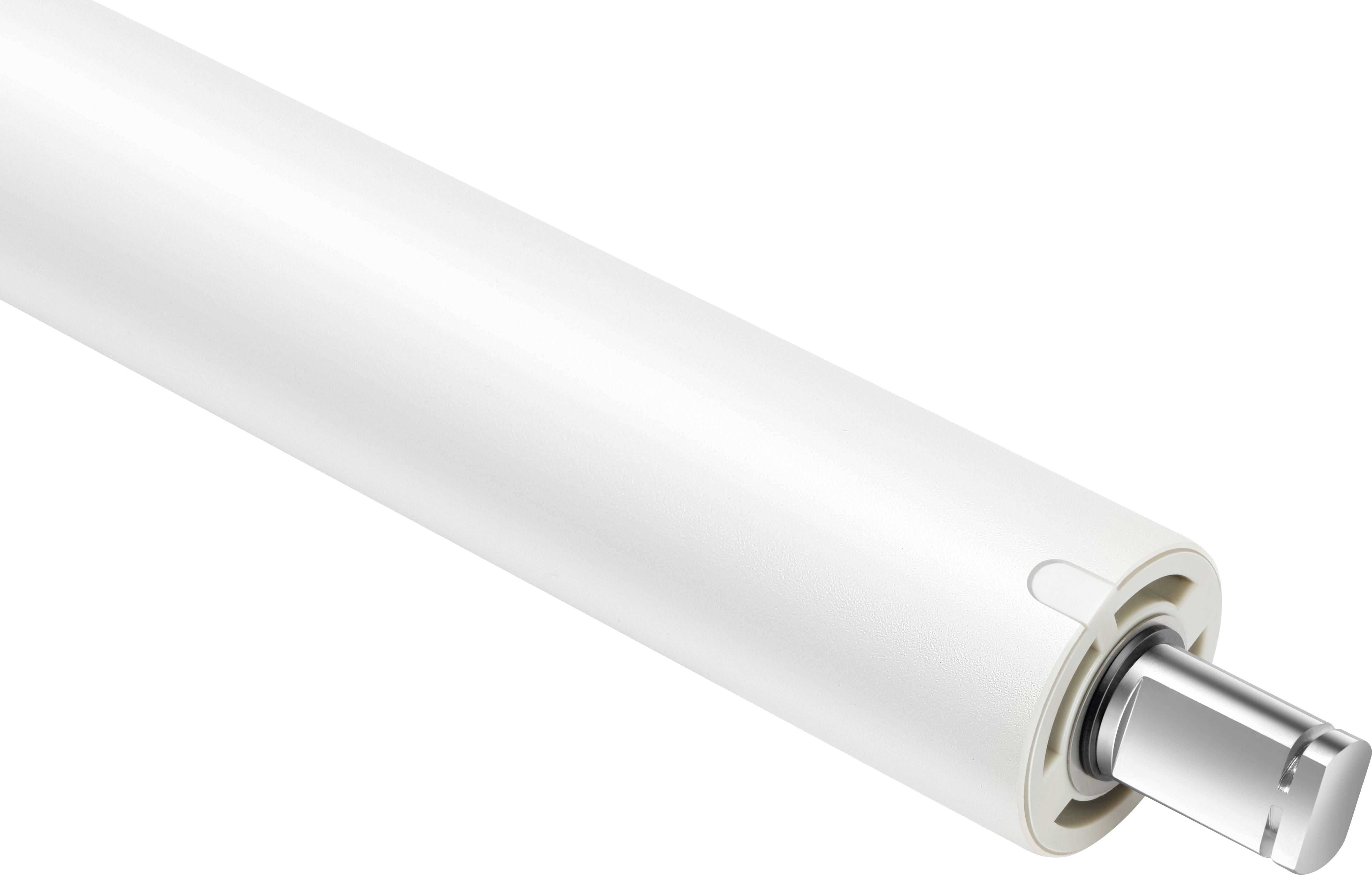 Un arbre moteur cylindrique blanc en métal, légèrement représenté en diagonale.