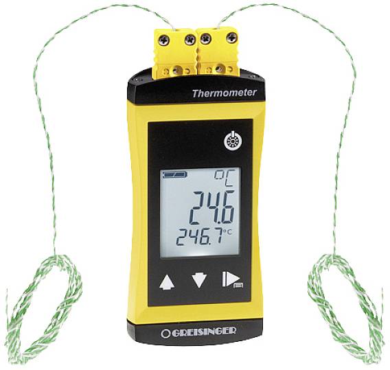 Thermomètre numérique avec deux sondes thermocouple à câble, affichant 24,6 °C. Boîtier de couleur jaune avec zone d'affichage noire.