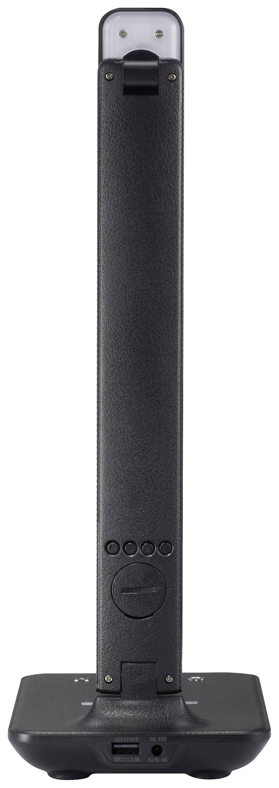 Un appareil électronique noir en forme de barre, doté de touches et de ports à sa base, se tenant debout sur une base plate et carrée.