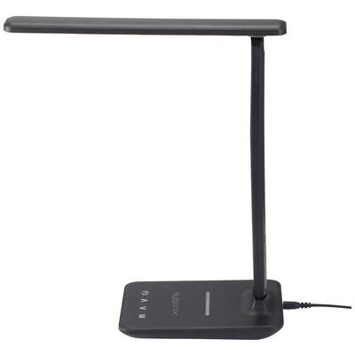 Une lampe de table noire, moderne, dotée d'une tête lumineuse rectangulaire et d'une base minimaliste, branchée à un câble.