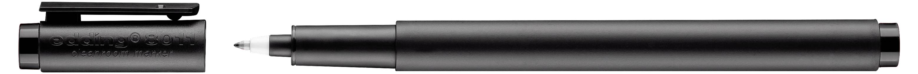 Stylo rétractable noir avec son capuchon retiré, montrant la pointe du stylo et le capuchon séparé à côté sur un fond blanc.