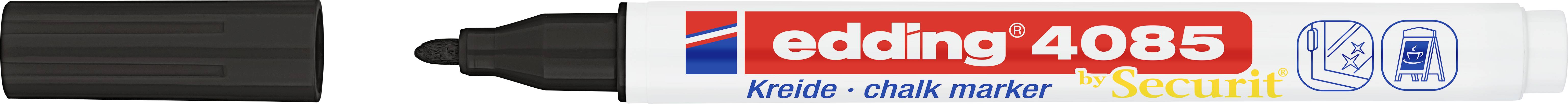 Un marqueur à craie à pointe noire et corps blanc, portant l'inscription 'edding 4085 Kreide-Chalk Marker', adapté pour les tableaux.
