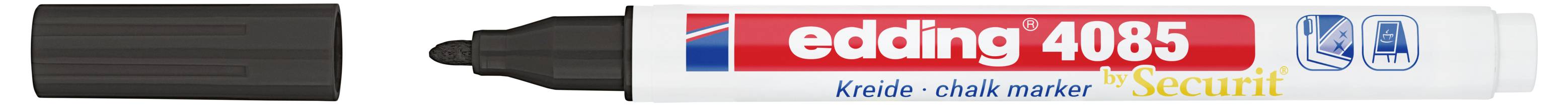 Marqueur à craie Edding 4085 blanc avec capuchon noir retiré, montrant la pointe noire et une étiquette rouge et blanche.