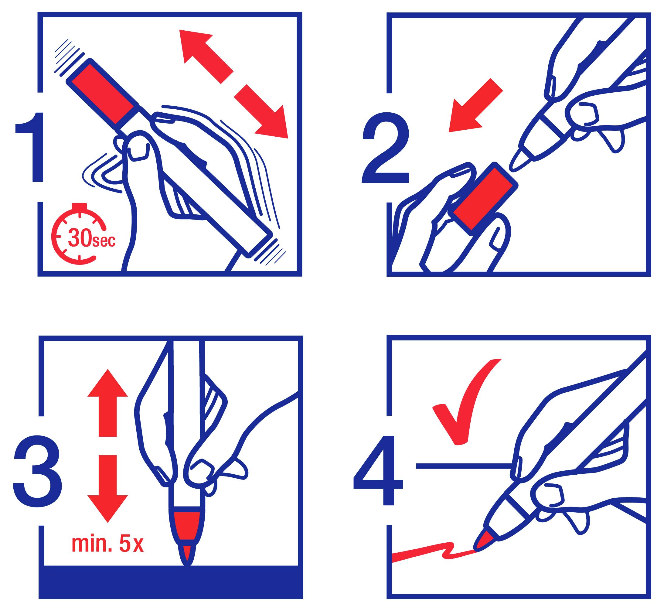 Diagramme à quatre étapes montrant comment préparer et utiliser un marqueur : secouer pendant 30 secondes, appuyer sur la pointe pour l'activer, pomper verticalement au moins 5 fois, puis écrire/tester la pointe.