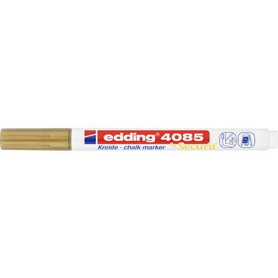 Marqueur craie edding 4085 en blanc avec capuchon doré, adapté aux surfaces non poreuses telles que le verre et les miroirs.