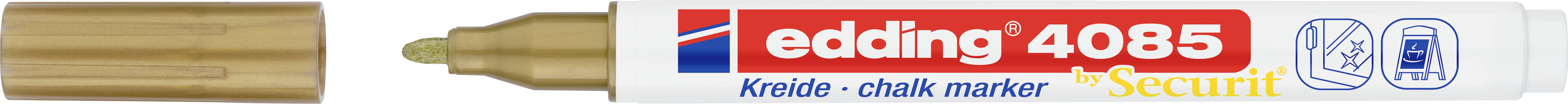 Marqueur à craie à pointe dorée, marque 'edding 4085', prêt à écrire ou à dessiner.