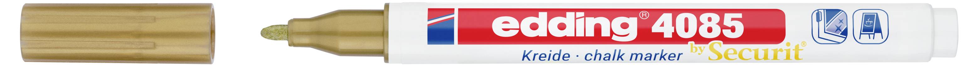 Marqueur de craie dorée avec capuchon enlevé, étiqueté edding 4085 Securit, montré horizontalement sur un fond blanc.