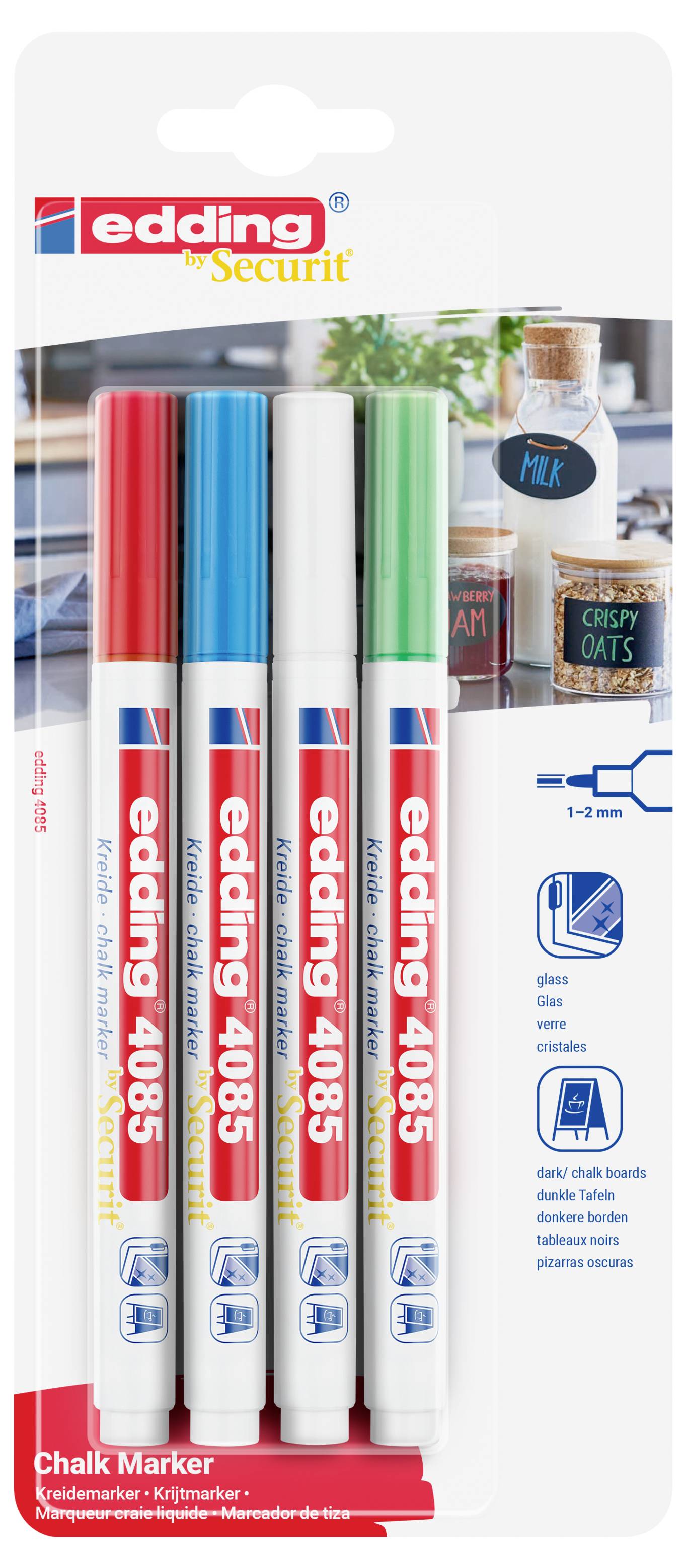 Edding 4085 4-4085-4-1BAS Marqueur craie bleu clair, vert fluorescent, rouge, blanc 1 mm, 2 mm-1