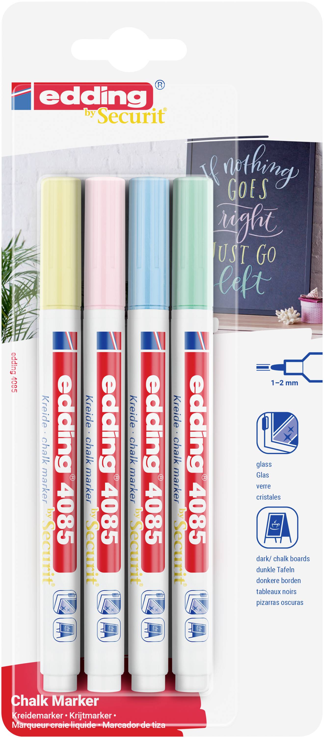 Edding 4085 4-4085-4-1PAS Marqueur craie bleu pastel, jaune pastel, vert pastel, rose pastel 1 mm, 2 mm