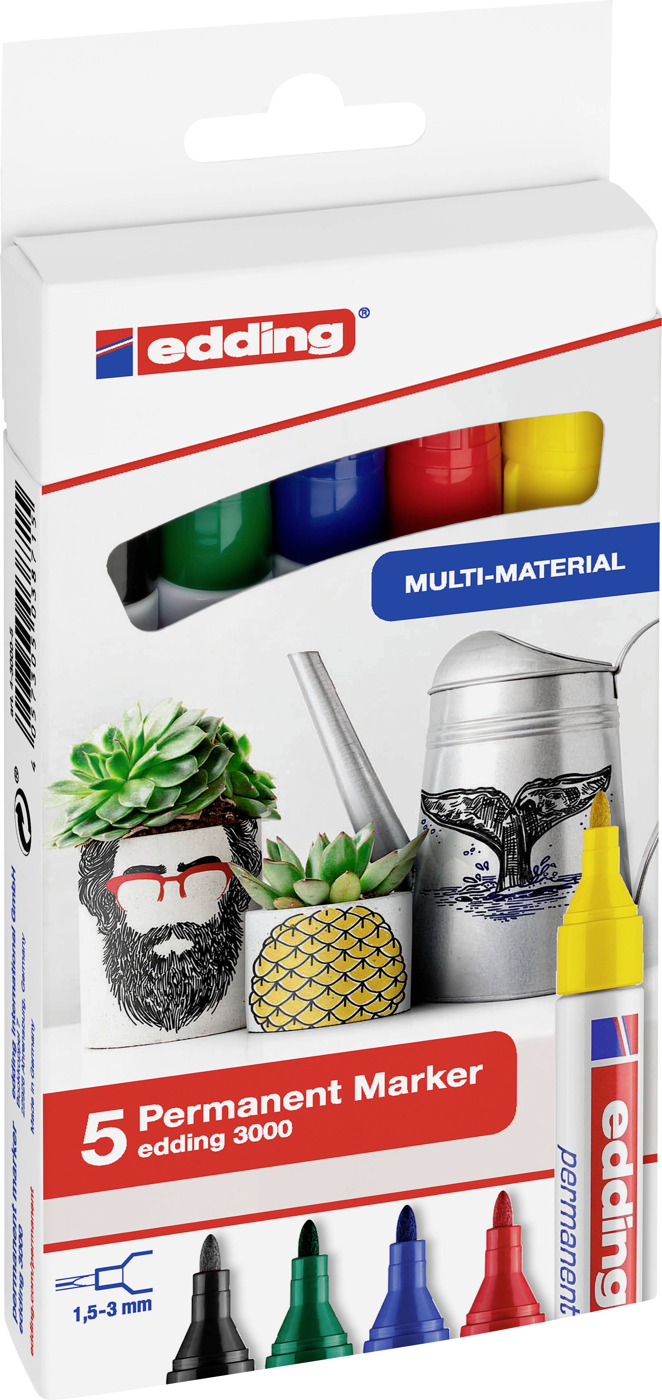 Cinq marqueurs permanents de différentes couleurs (noir, rouge, bleu, vert, jaune) de la marque edding 3000, adaptés à divers matériaux.