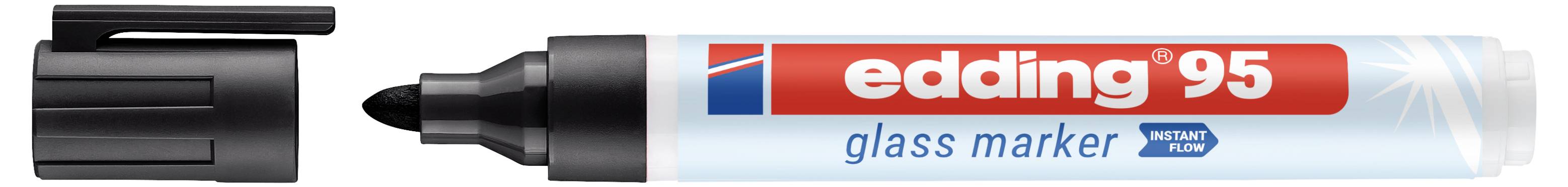 Marqueur pour verre Edding 95 à capuchon noir présenté à côté de son bouchon, étiqueté « edding 95 » et « marqueur pour verre ».