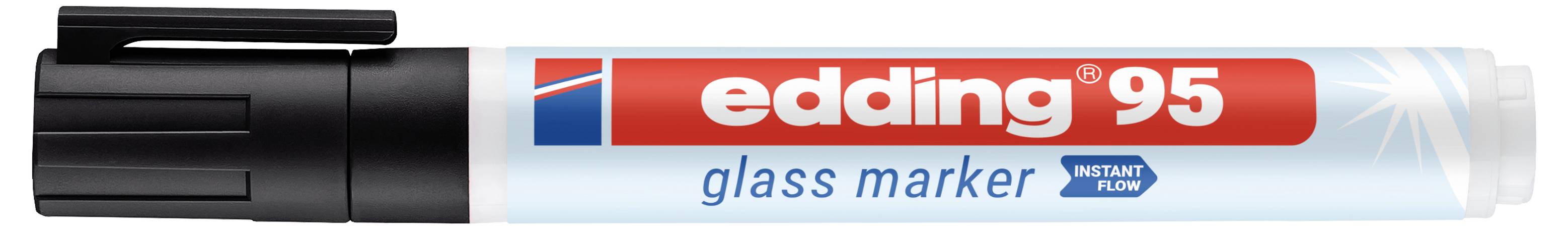 Stylo marqueur pour verre Edding 95, tube blanc avec étiquette rouge et bleue, capuchon noir, présenté horizontalement.