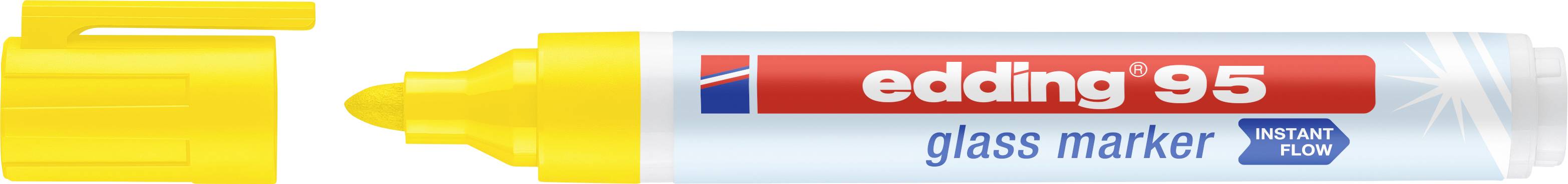 Marqueur pour verre jaune avec capuchon retiré, portant l'inscription 'edding 95 glass marker', adapté aux surfaces lisses.